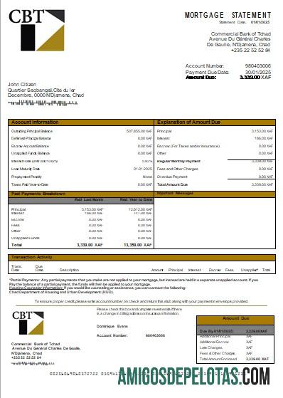 Declaração de hipoteca do Banco Comercial do Chade do Banco do Chade Scr exemplo real